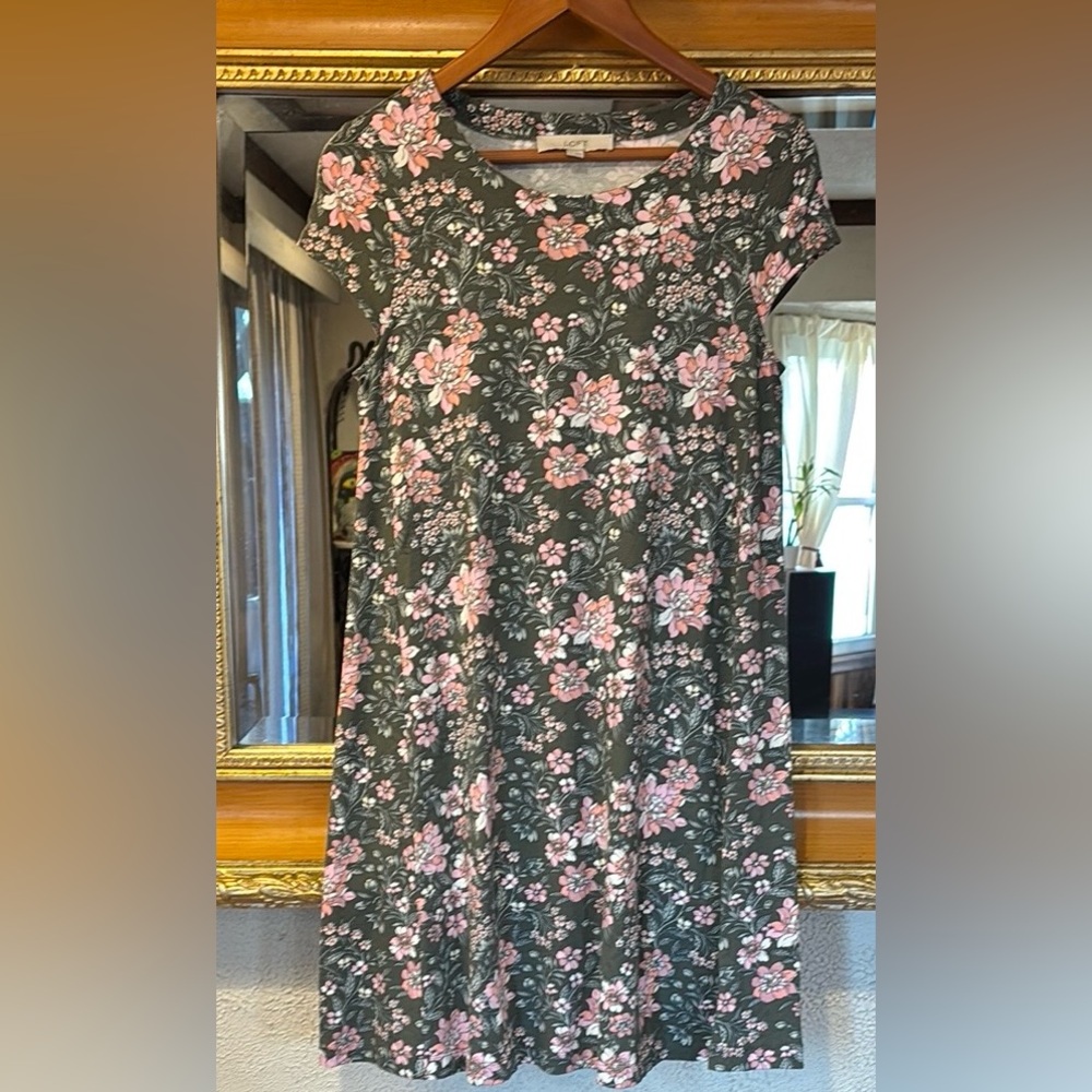 Loft Green & Pink Floral Swing Dress -Size XS